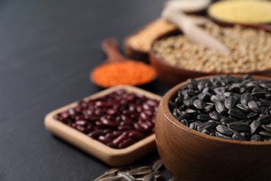 Different types of seeds and legumes on grey table, closeup. Space for text