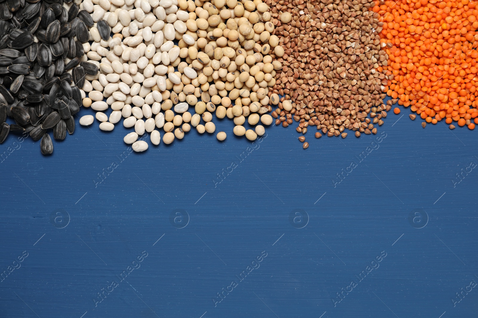 Photo of Different types of cereals, legumes and seeds on blue wooden table, flat lay. Space for text