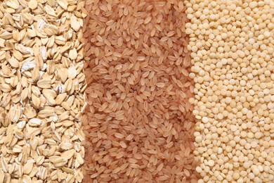 Different types of cereals as background, top view