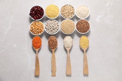 Photo of Different types of legumes and cereals on light marble table, flat lay