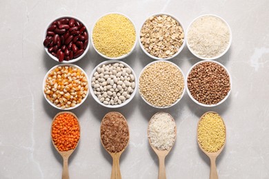 Photo of Different types of legumes and cereals on light marble table, flat lay