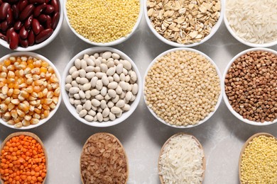 Photo of Different types of legumes and cereals on light marble table, flat lay