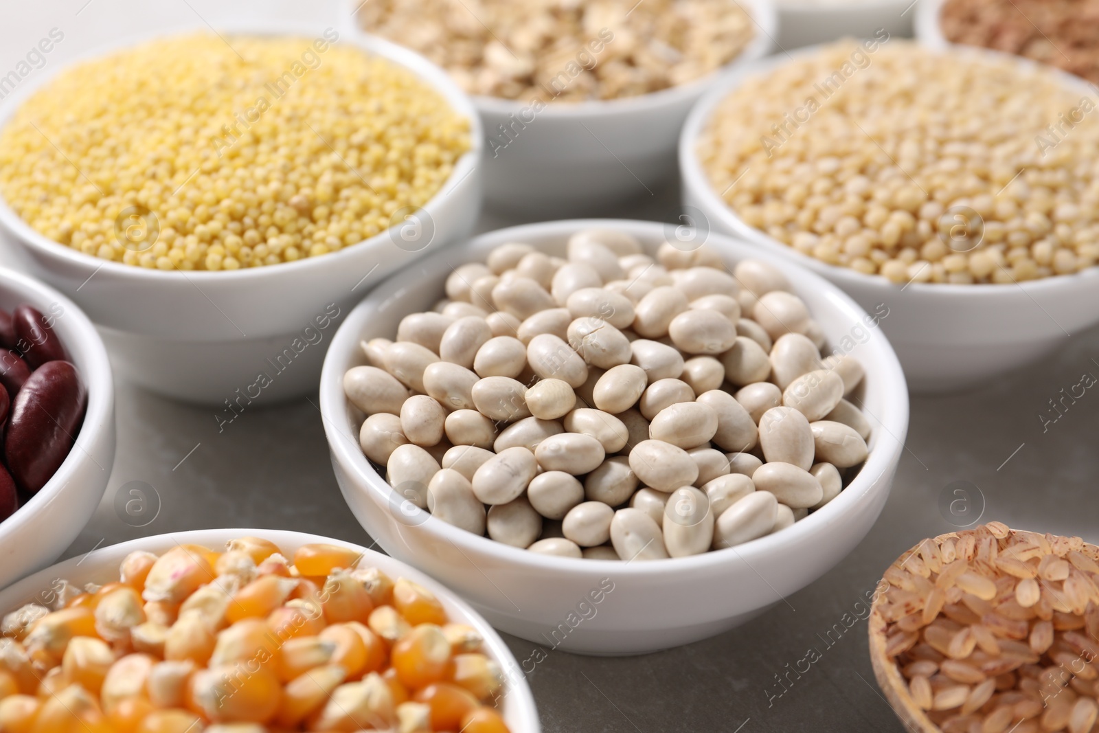 Photo of Different types of legumes and cereals in bowls on light marble table, closeup