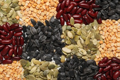 Photo of Different types of legumes and seeds on white table, flat lay