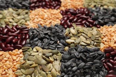 Photo of Different types of legumes and seeds on table, closeup