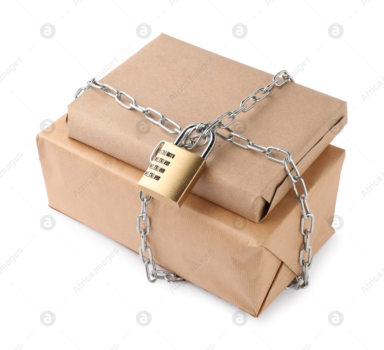 Photo of Parcels with chain and padlock isolated on white