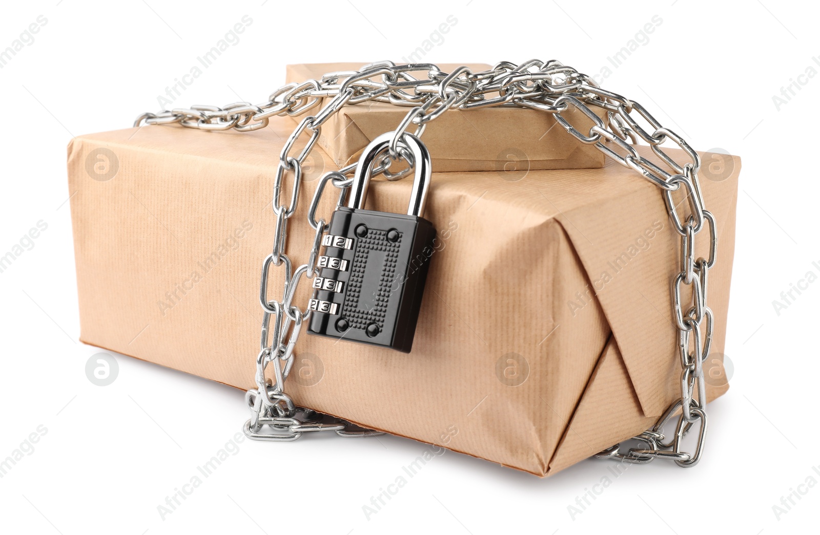 Photo of Parcels with chain and padlock isolated on white