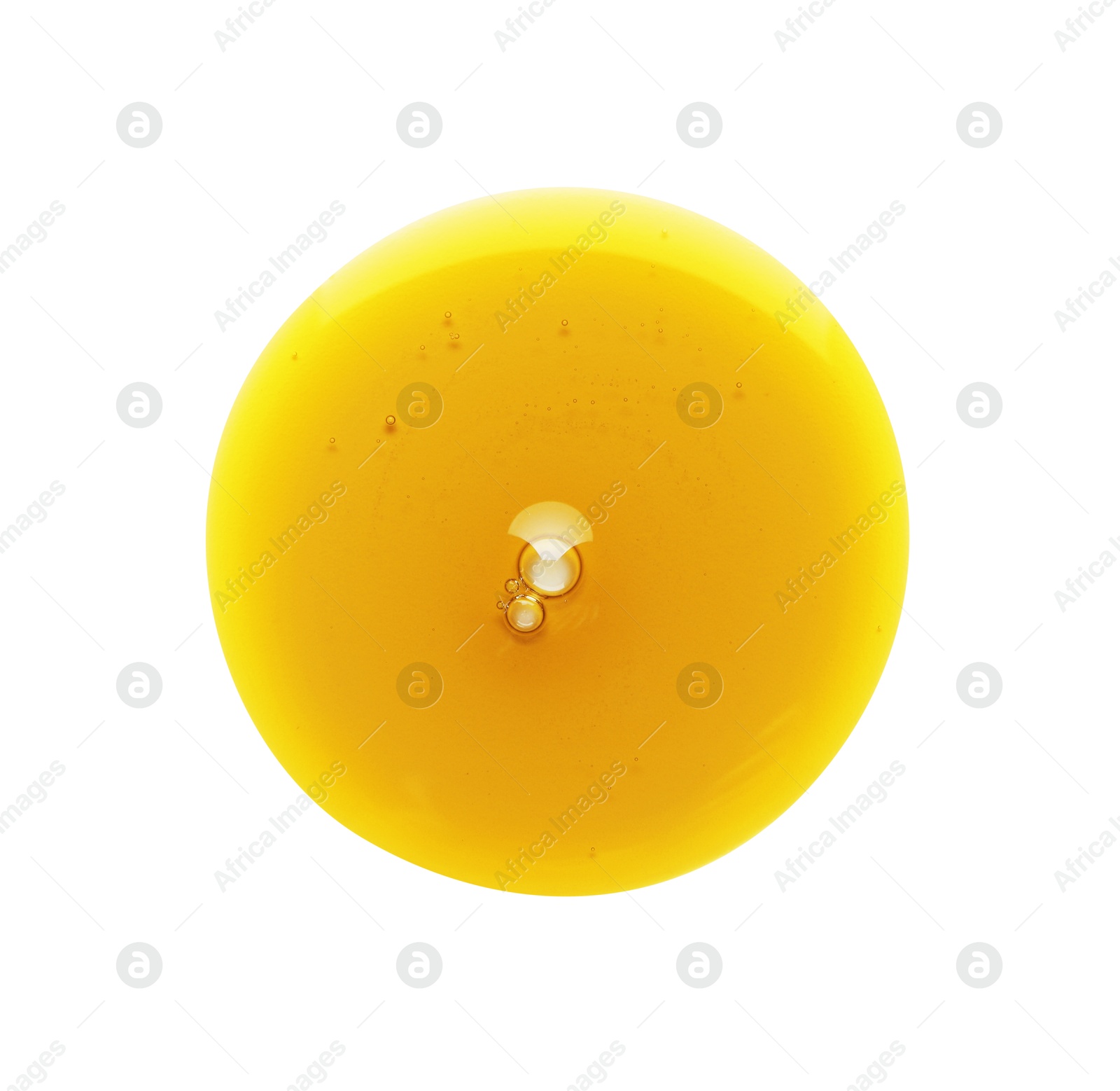 Photo of Essential oil drop isolated on white, top view. Cosmetic product