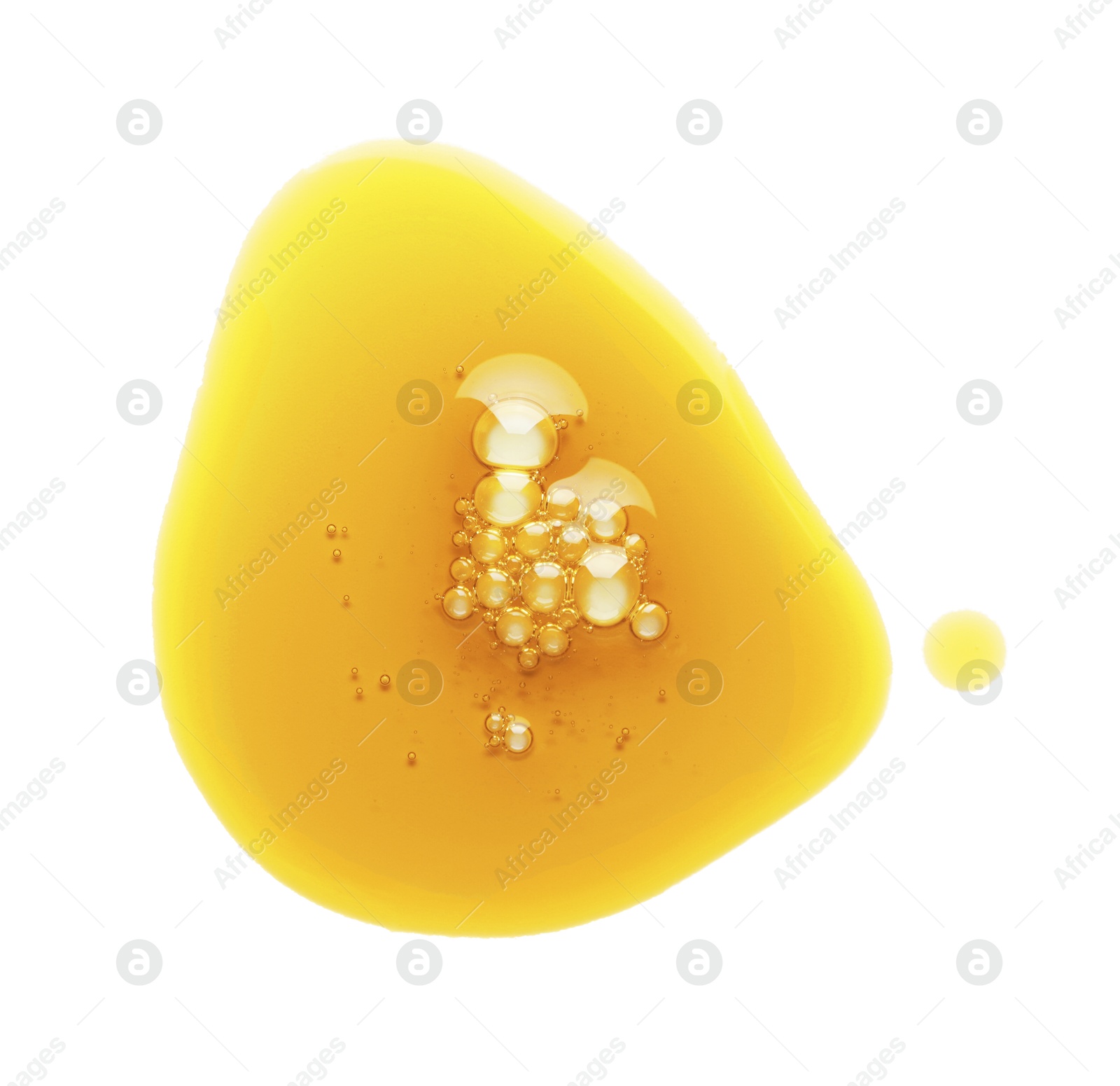 Photo of Essential oil drop isolated on white, top view. Cosmetic product