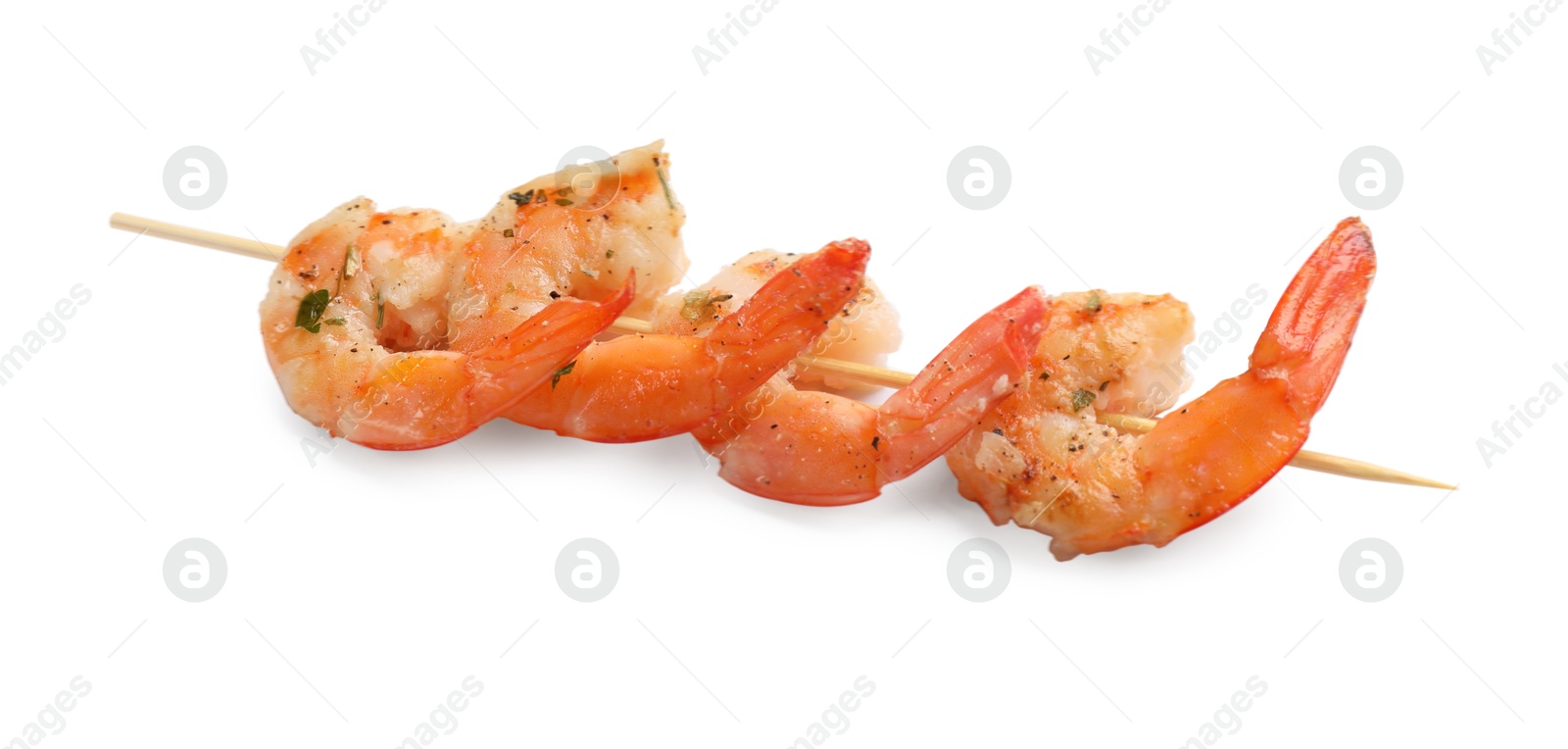 Photo of Skewer with delicious grilled shrimps isolated on white