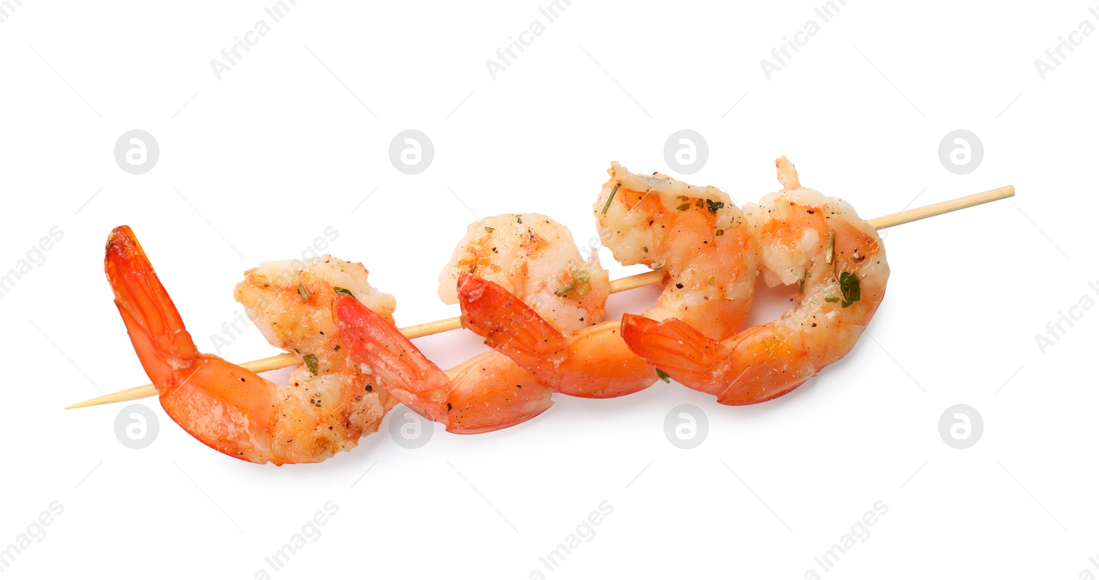 Photo of Skewer with delicious grilled shrimps isolated on white