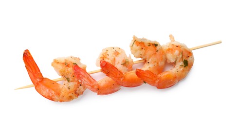 Photo of Skewer with delicious grilled shrimps isolated on white