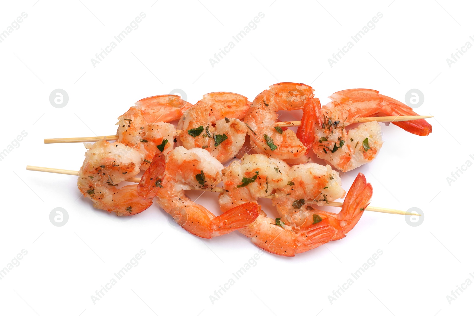 Photo of Skewers with delicious grilled shrimps isolated on white, top view