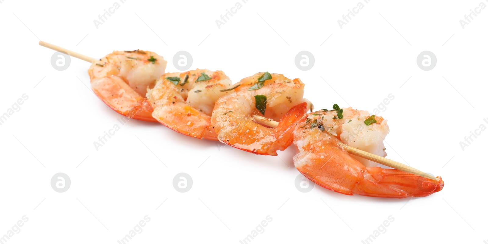 Photo of Skewer with delicious grilled shrimps isolated on white