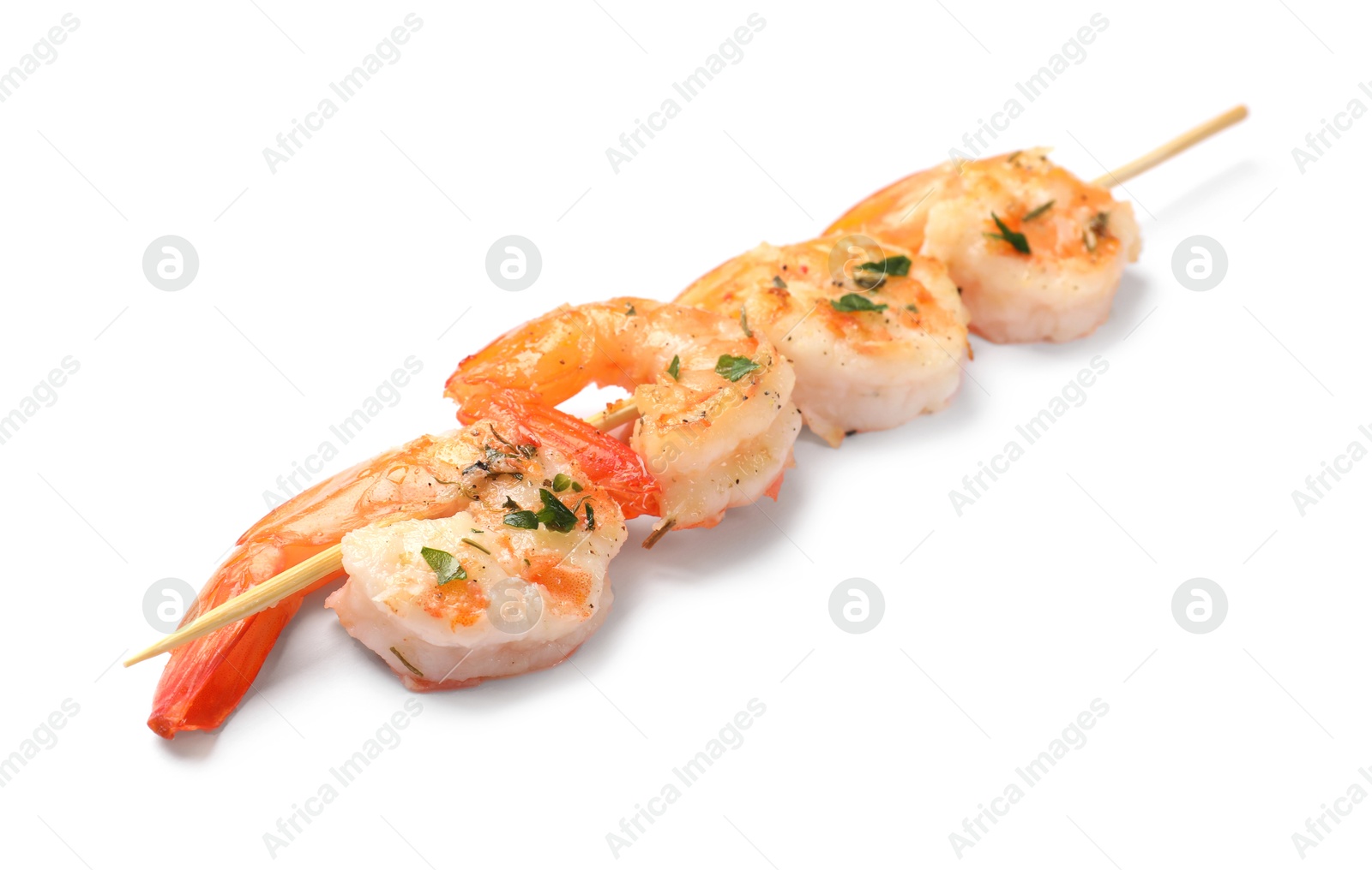 Photo of Skewer with delicious grilled shrimps isolated on white