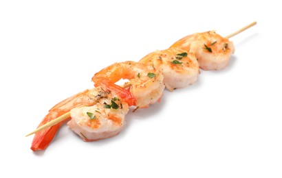 Photo of Skewer with delicious grilled shrimps isolated on white