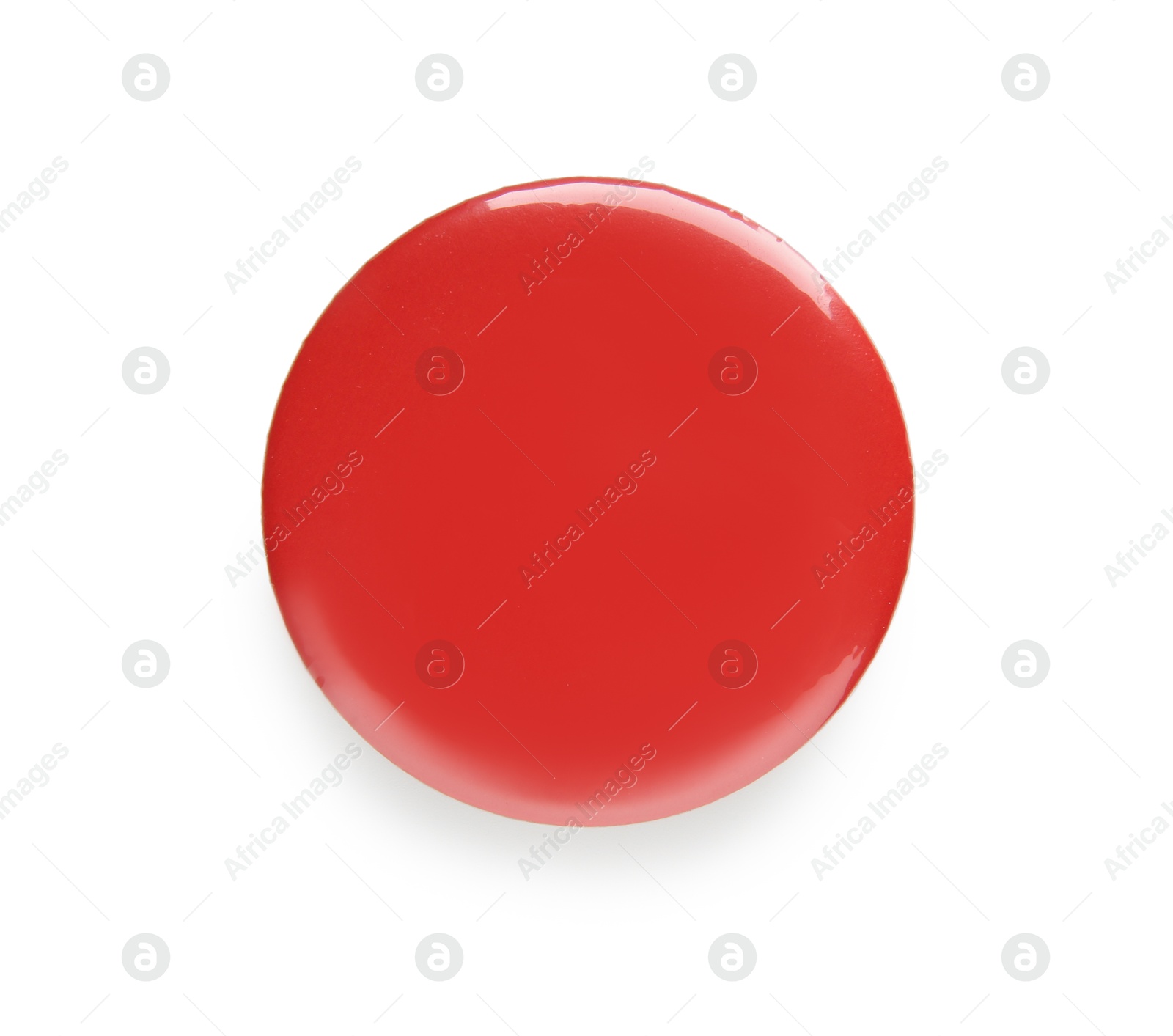 Photo of Blank red button badge isolated on white, top view. Mockup for design