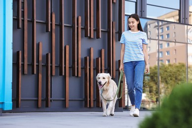 Photo of Happy owner walking with cute Golden Retriever dog outdoors, low angle view. Space for text