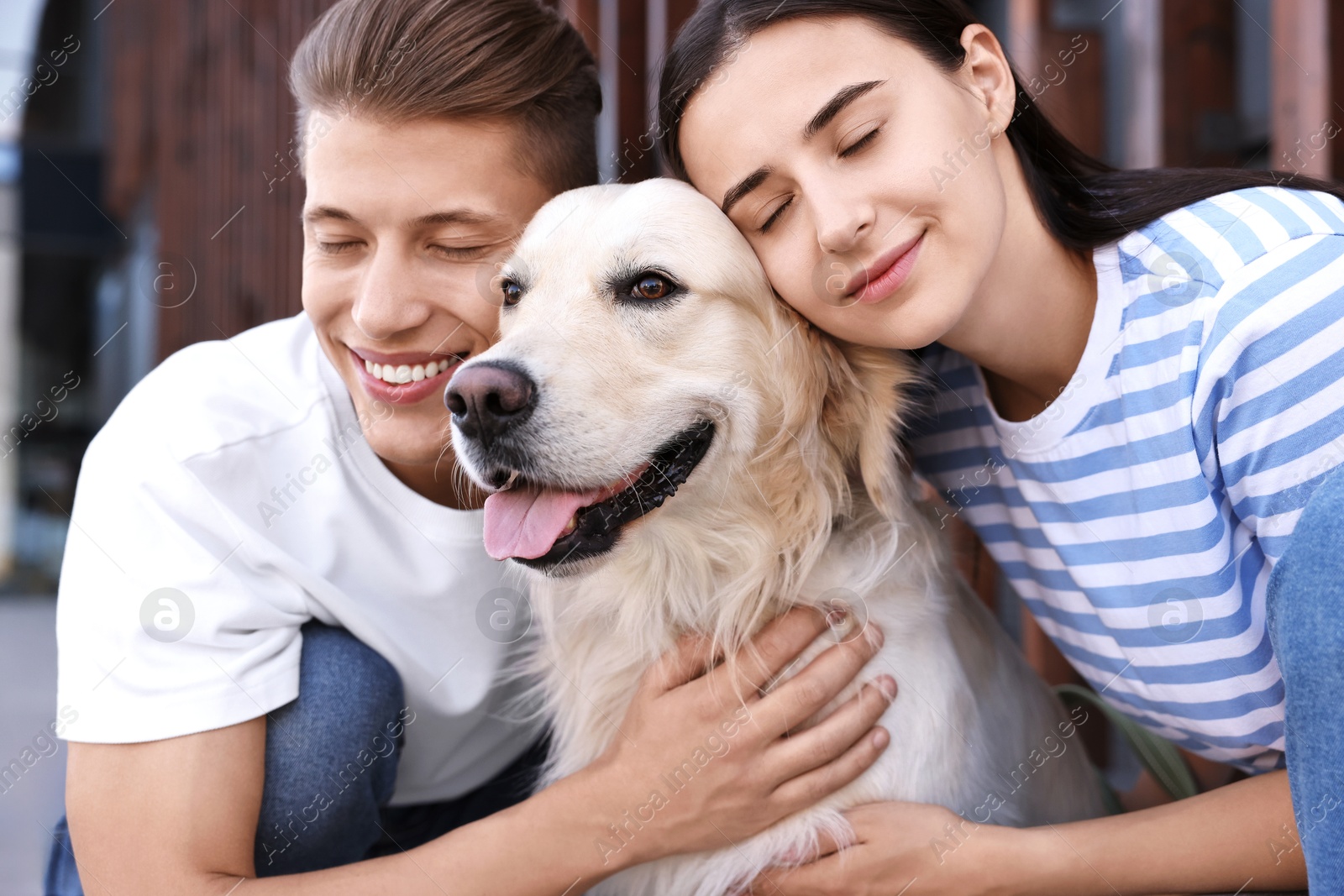 Photo of Happy couple with cute Golden Retriever dog outdoors