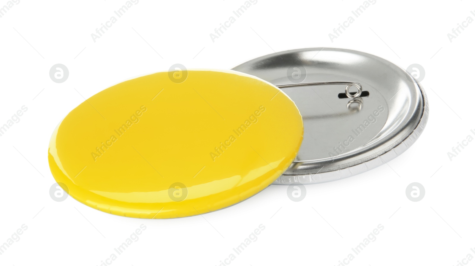 Photo of Two stylish button badges isolated on white