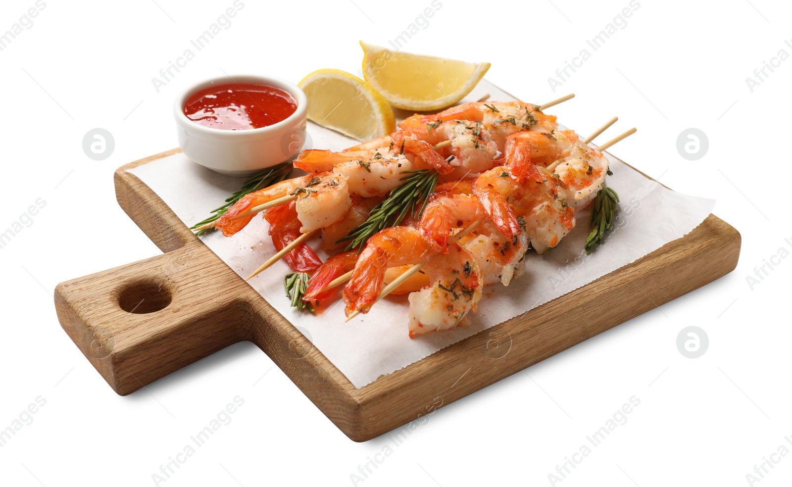 Photo of Delicious grilled shrimp skewers with sauce and lime isolated on white