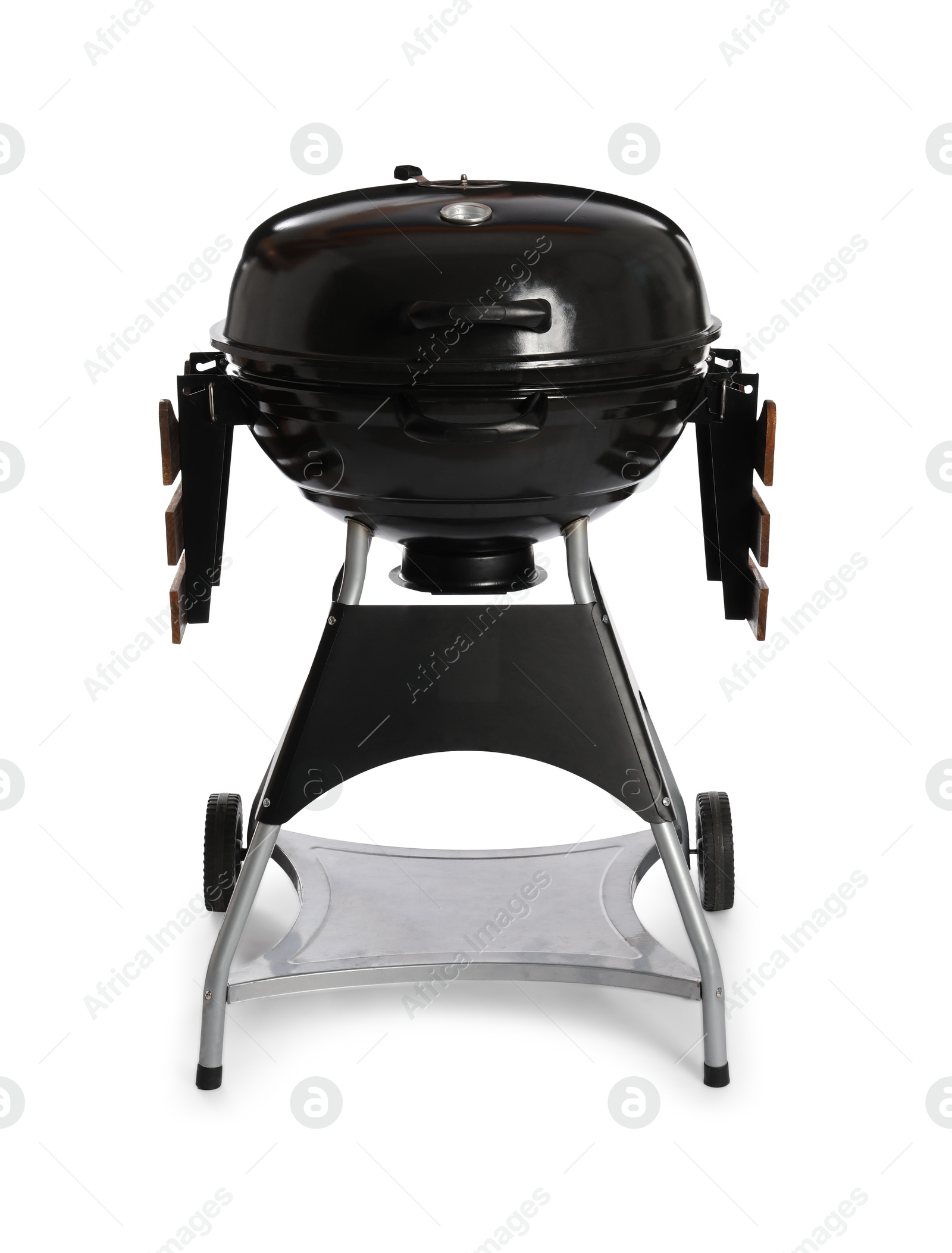 Photo of One black barbeque grill isolated on white. Cooking appliance