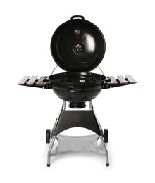 Photo of One black barbeque grill isolated on white. Cooking appliance