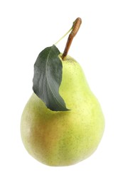 Photo of Fresh ripe pear with green leaf isolated on white