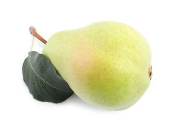 Fresh ripe pear with green leaf isolated on white