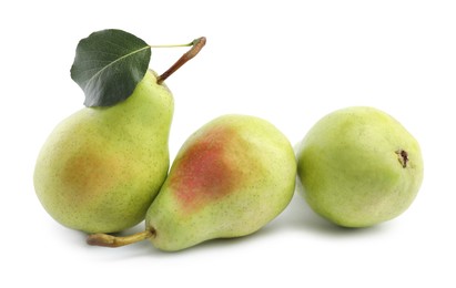 Photo of Fresh ripe pears with green leaf isolated on white