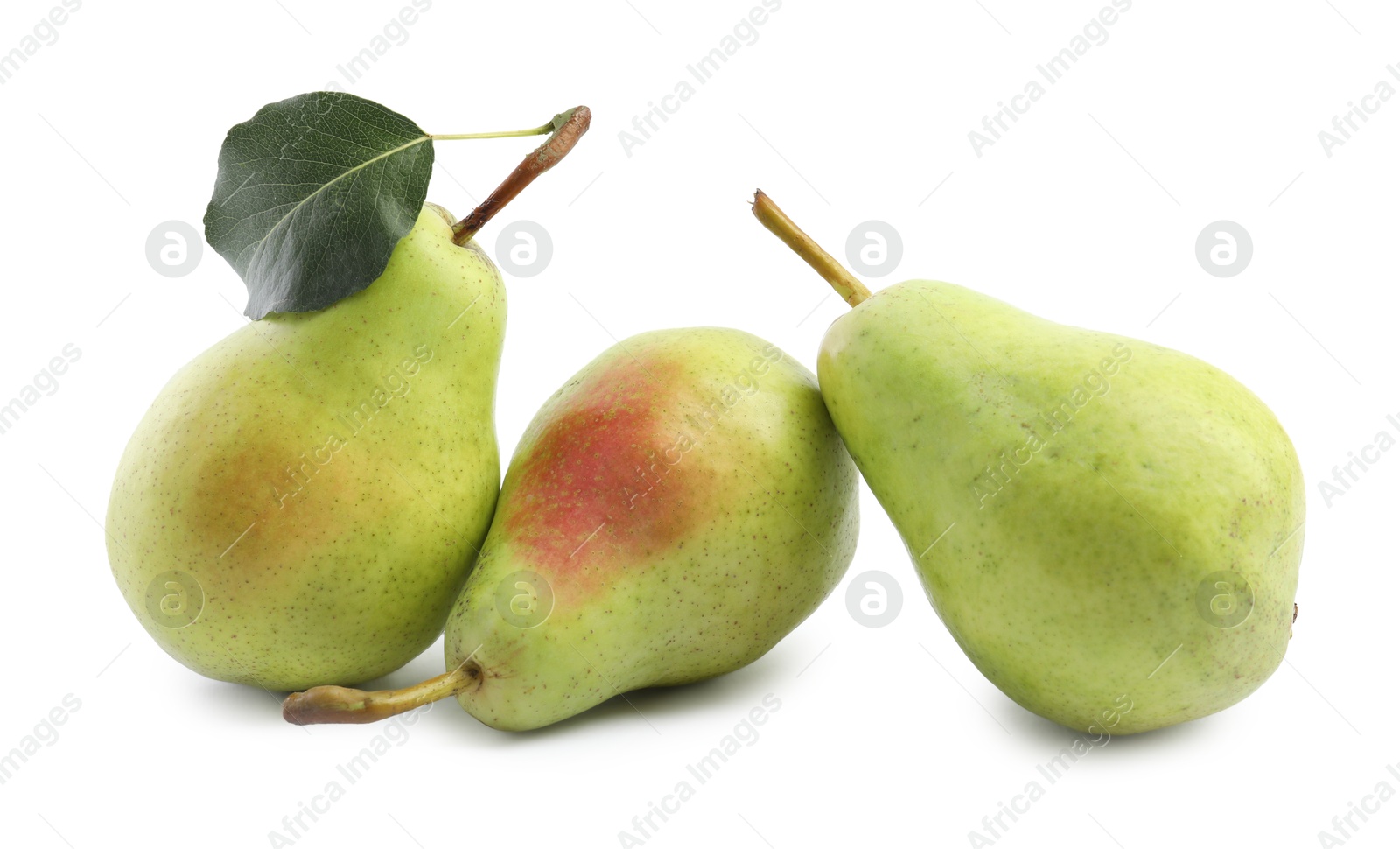 Photo of Fresh ripe pears with green leaf isolated on white