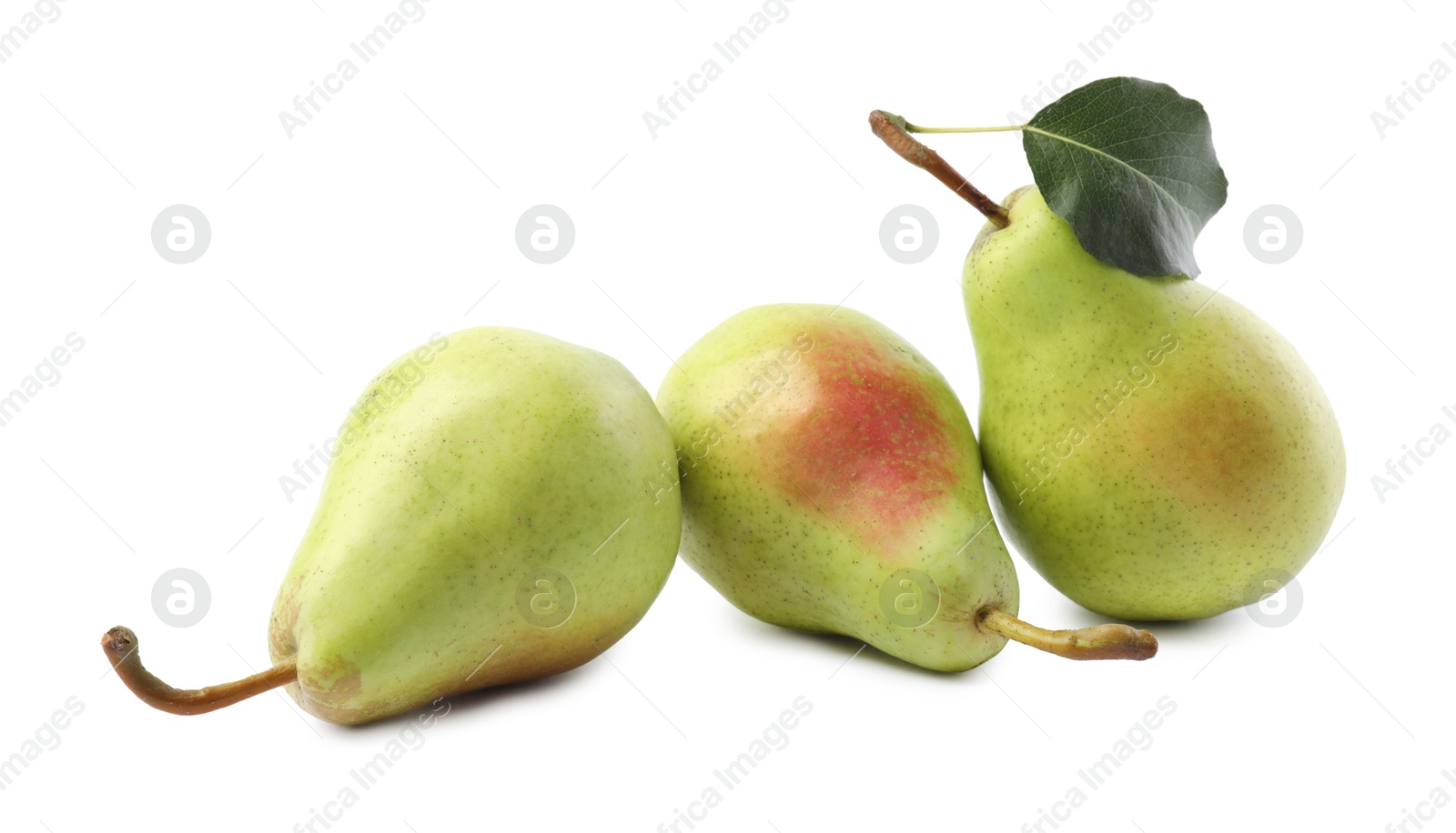 Photo of Fresh ripe pears with green leaf isolated on white