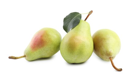 Photo of Fresh ripe pears with green leaf isolated on white