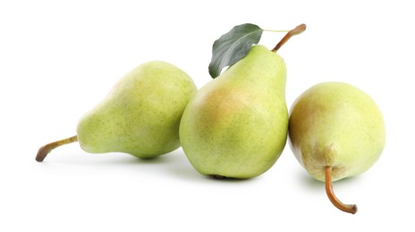 Photo of Fresh ripe pears with green leaf isolated on white