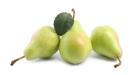 Photo of Fresh ripe pears with green leaf isolated on white