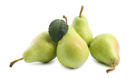 Photo of Fresh ripe pears with green leaf isolated on white