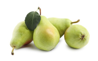 Photo of Fresh ripe pears with green leaf isolated on white