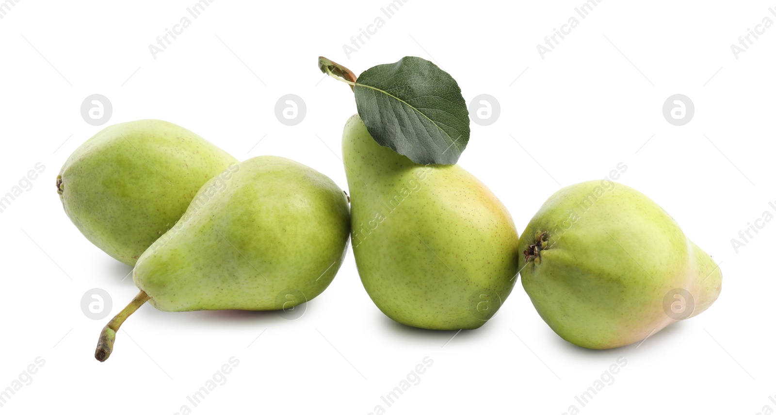 Photo of Fresh ripe pears with green leaf isolated on white