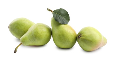 Photo of Fresh ripe pears with green leaf isolated on white