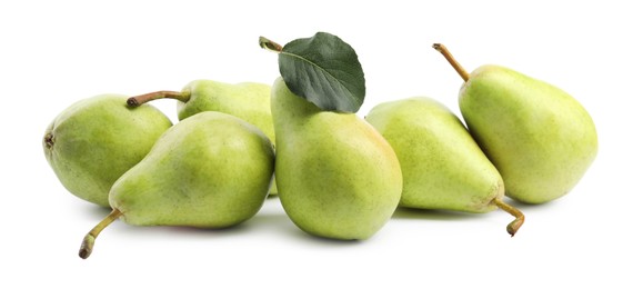 Photo of Fresh ripe pears with green leaf isolated on white