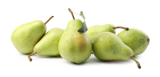 Photo of Fresh ripe pears with green leaf isolated on white