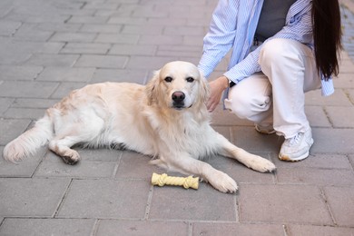 Owner with cute Golden Retriever dog on city street, closeup