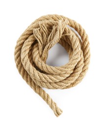 Photo of Bundle of hemp rope isolated on white, top view