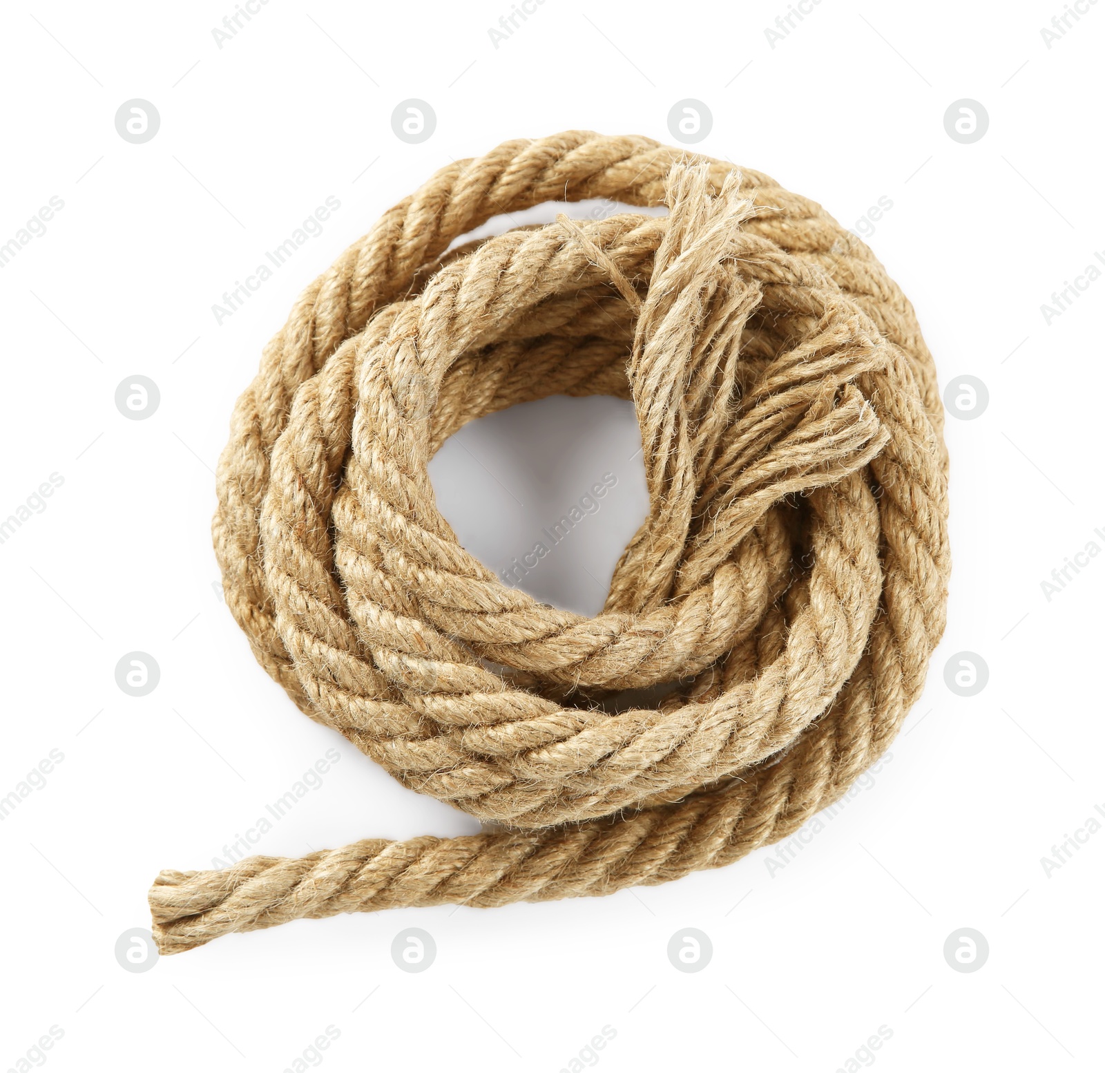 Photo of Bundle of hemp rope isolated on white, top view