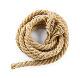 Bundle of hemp rope isolated on white, top view