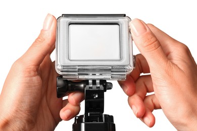 Woman with modern action camera on white background