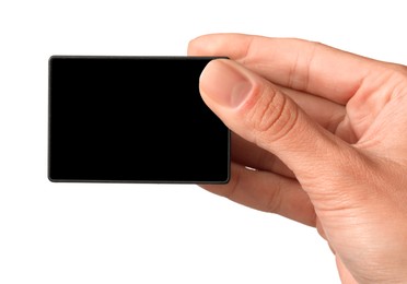 Woman with modern action camera on white background