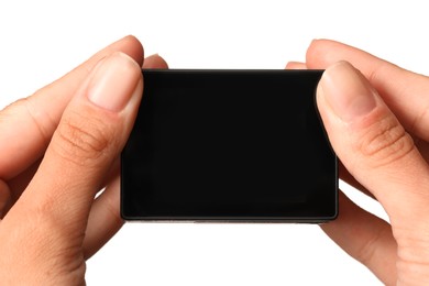 Woman with modern action camera on white background