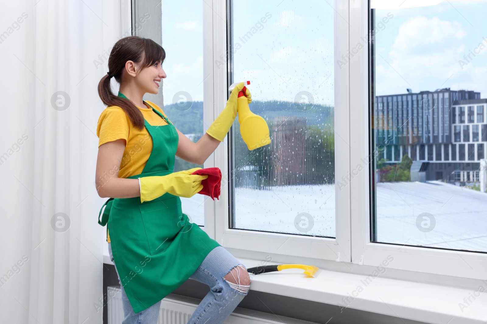 Photo of Housewife with spray bottle of detergent and napkin cleaning window indoors