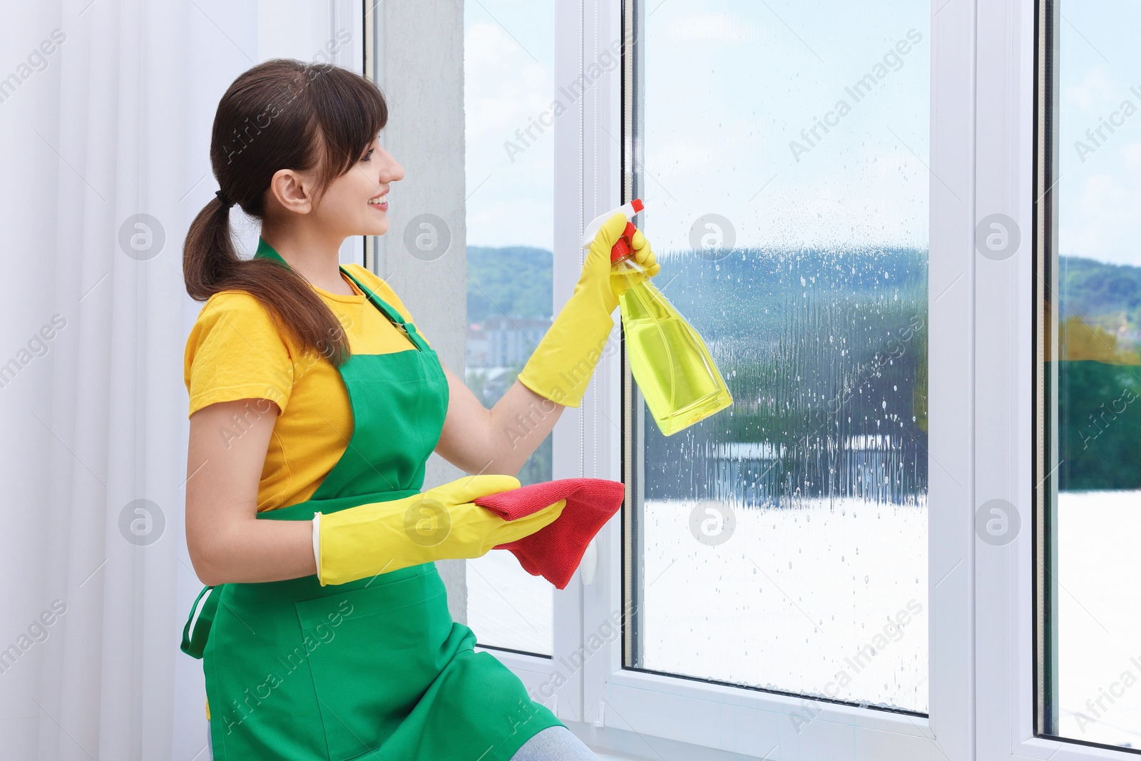 Photo of Housewife with spray bottle of detergent and napkin cleaning window indoors